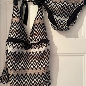 Perry Ellis Black and Tan Zigzag Bikini Set New